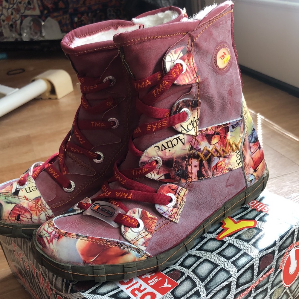 TMA Eyes New Sz 6 leather Boots Faux Fur Recycled